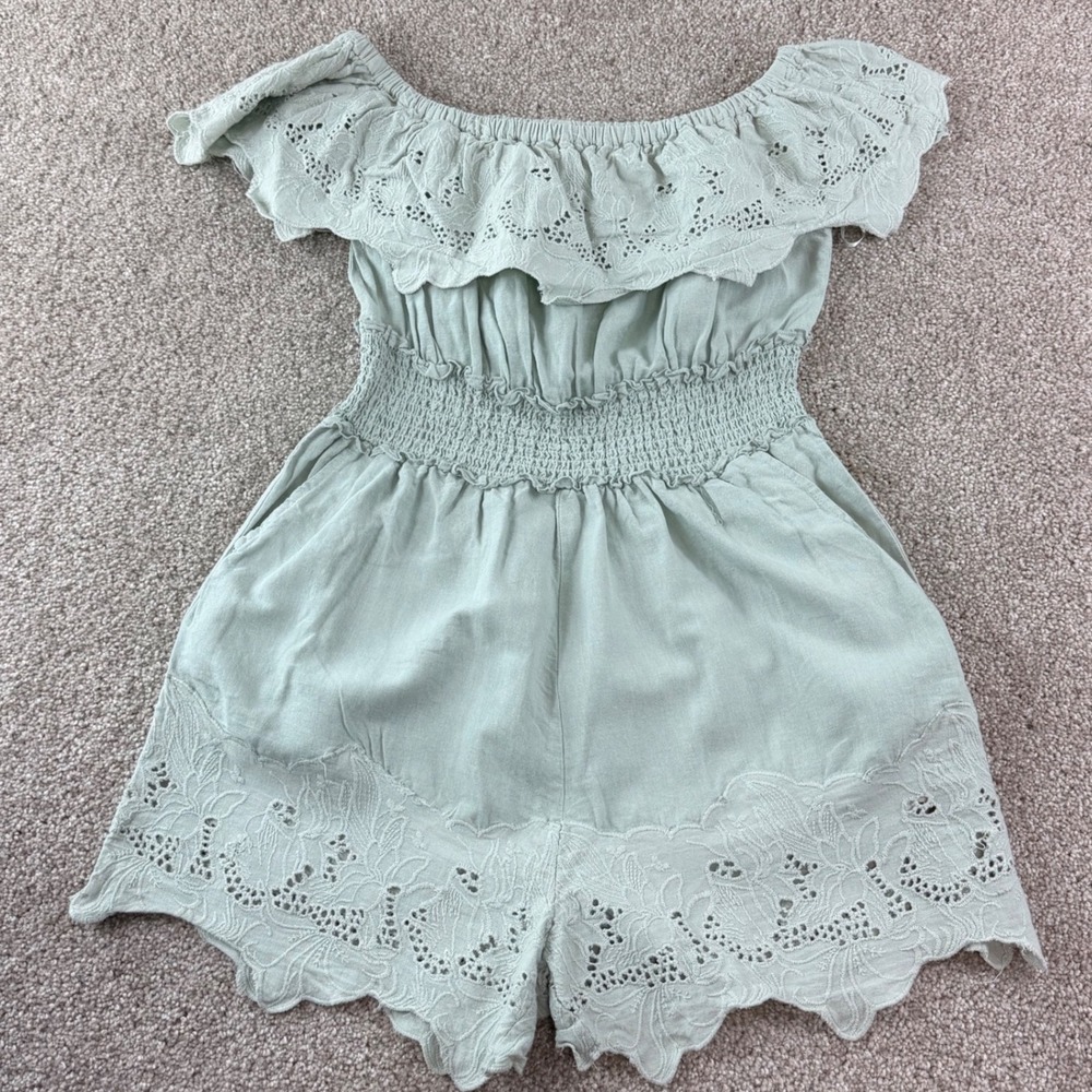 Zara Basic Sage Green Eyelet Off Shoulder Romper Smoked Waist Boho‎ Small Boho